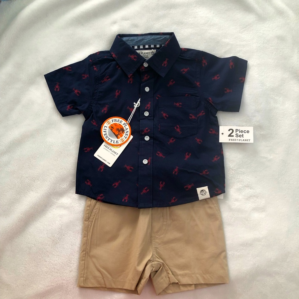 NWT Free Planet 12mo Baby 2pc Short Sleeve Button Down lobster Shirt With Shorts